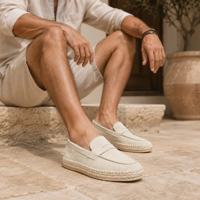 Mocassin espadrille en daim beige 100 % cuir pour homme - Réf. EMC001-DBG