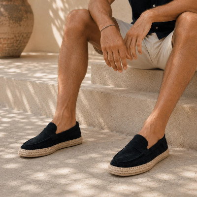 Mocassin espadrille homme en daim noir 100 % cuir - Réf. EMC001-DN