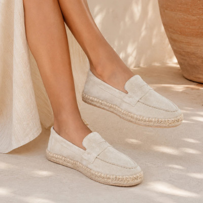 Mocassins espadrilles femme en 100 % cuir beige fabriqués à la main EMC100-DBG