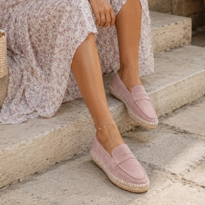 Mocassins espadrilles femme en 100 % cuir rose poudré fabriqués à la main EMC100-DRP