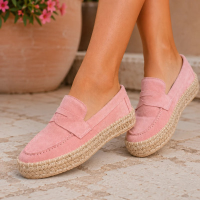 Mocassins femme plateforme en cuir rose EMC101-DRO
